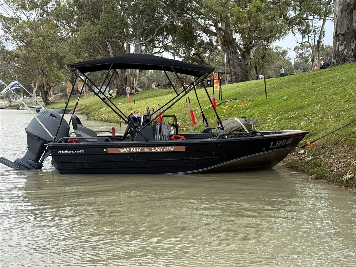 The tinny with its bimini up, tied to a grassy bank of the Murray River